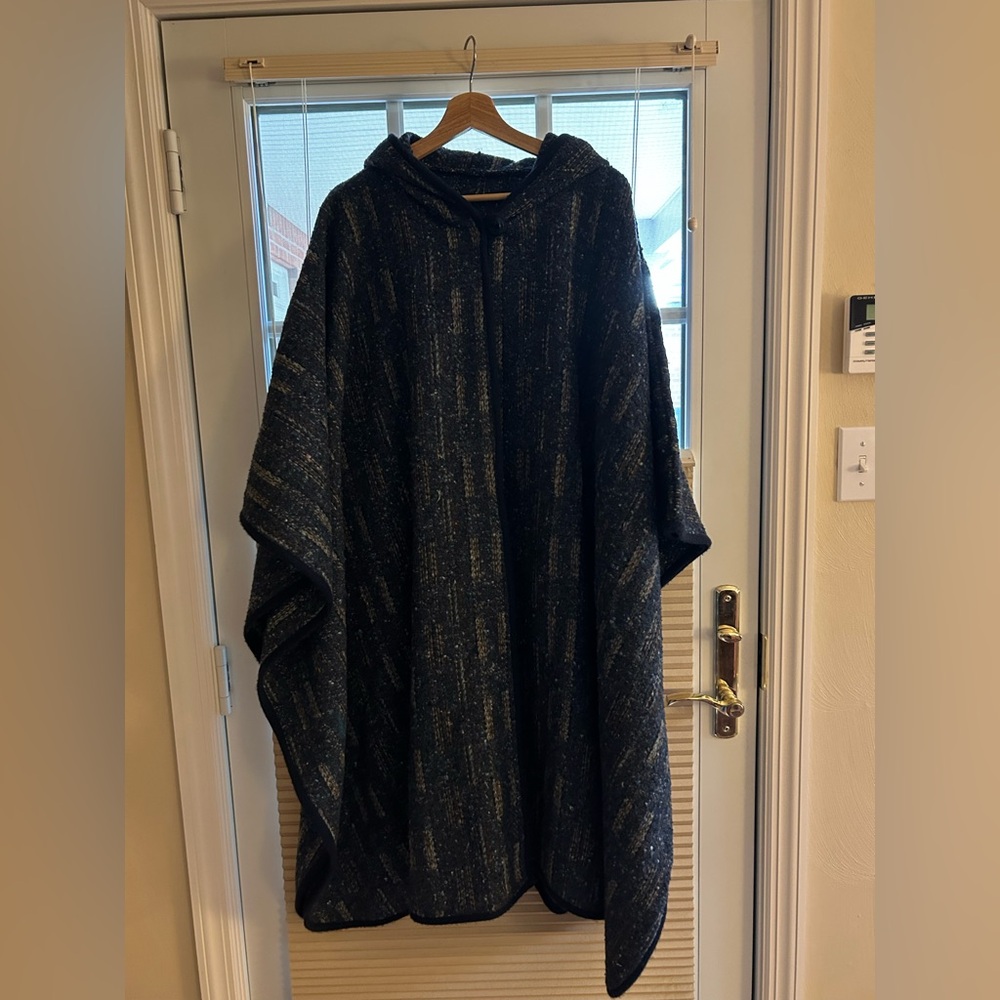 Elegant Navy Blue/ Beige Hooded Cape.  Wool/cotton mix. Opening for arms.